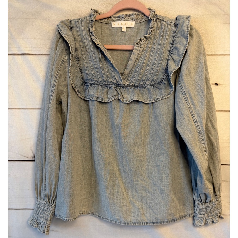 Karlie Light Wash Denim Ruffle Bib Pintuck Blouse FT5495KR Small